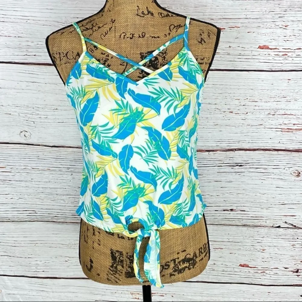 Poof Leafy Palm Print Tie‎ Front Strappy Neckline Tank Top Green Yellow Large